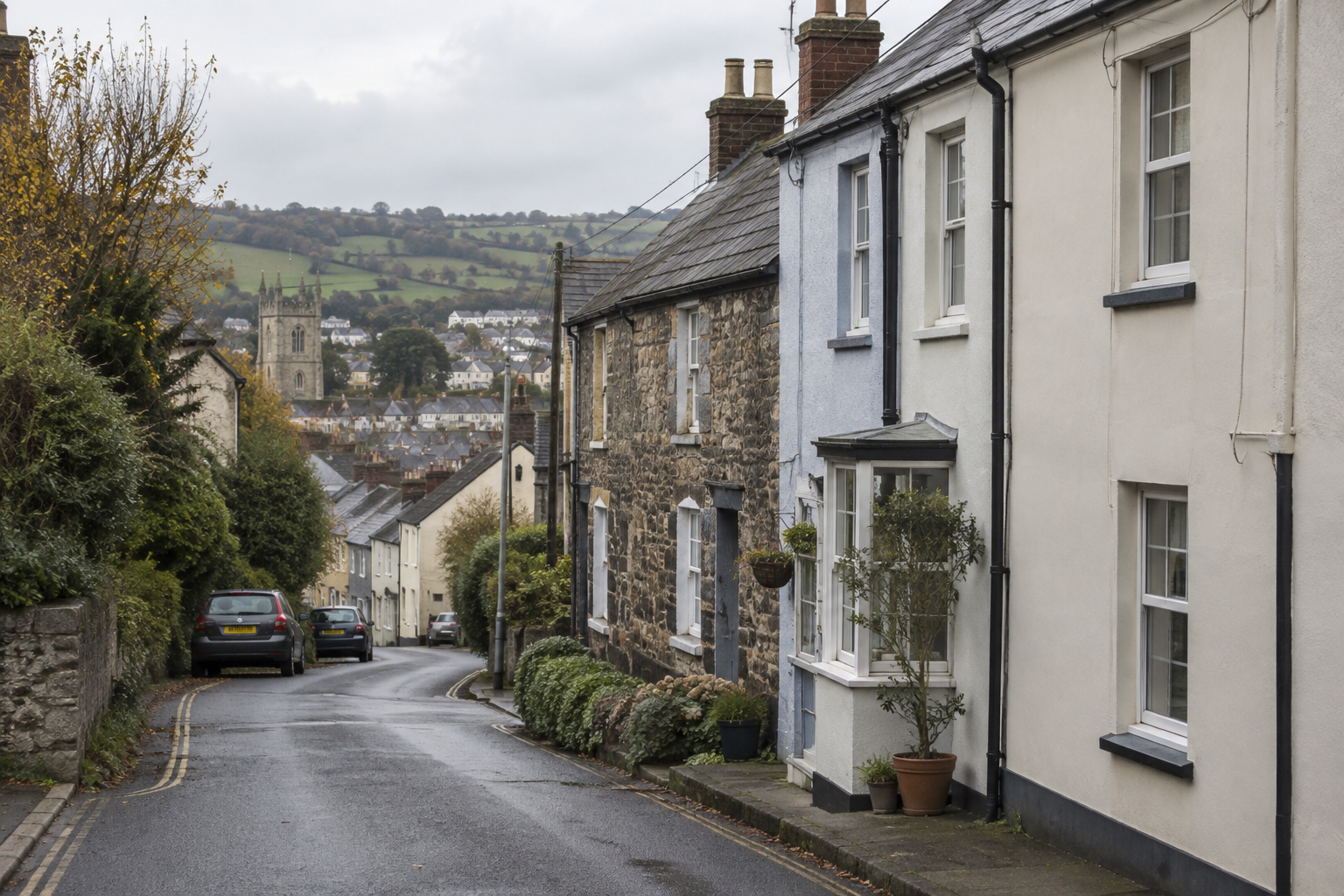 Rendered terraced homes and a stone cottage on a quiet Devon street, with domestic electricity cables visible.