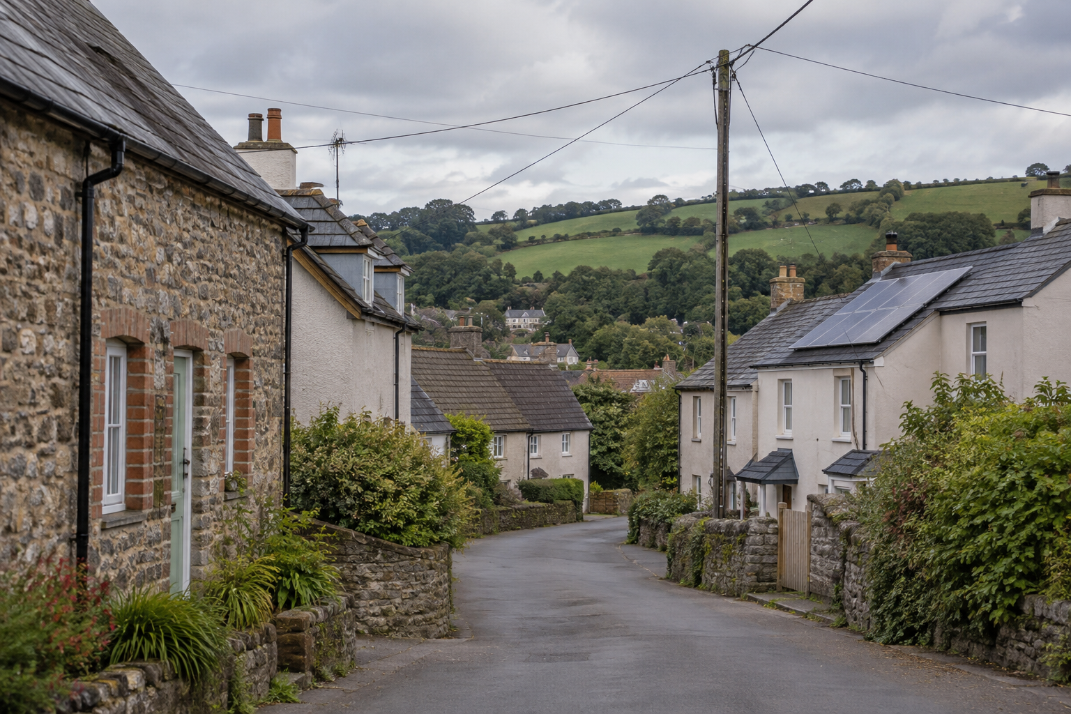 Devon homes with rooftop solar panels and overhead electricity wires, with green countryside beyond.