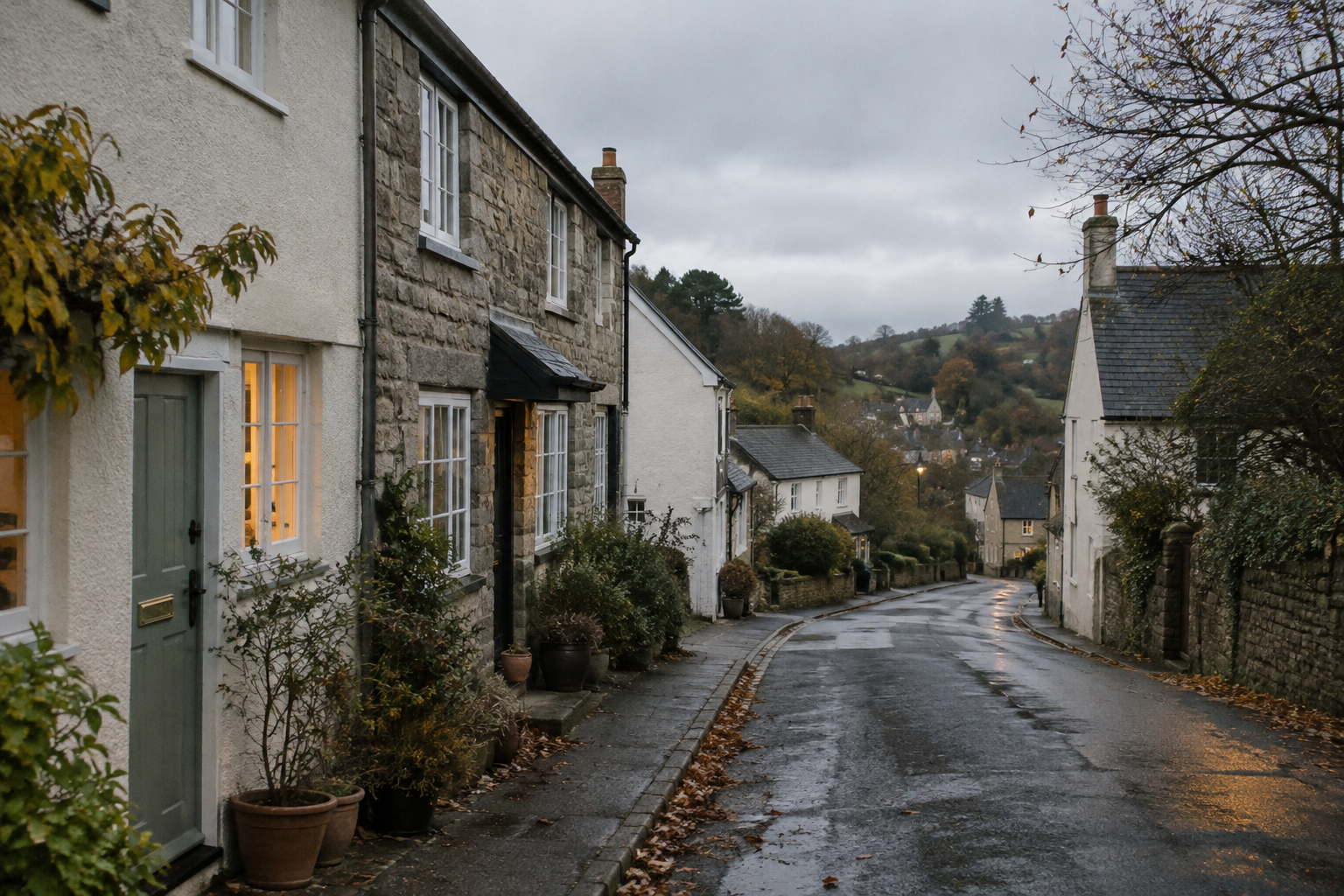 Devon cottages with front-door letterboxes and softly lit windows on a damp autumn afternoon