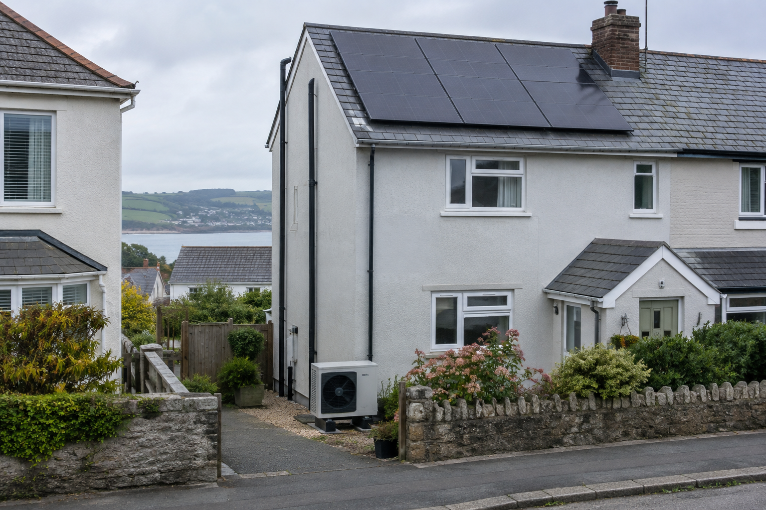 Solar panels and an outdoor heat pump on a modest home in coastal Devon.