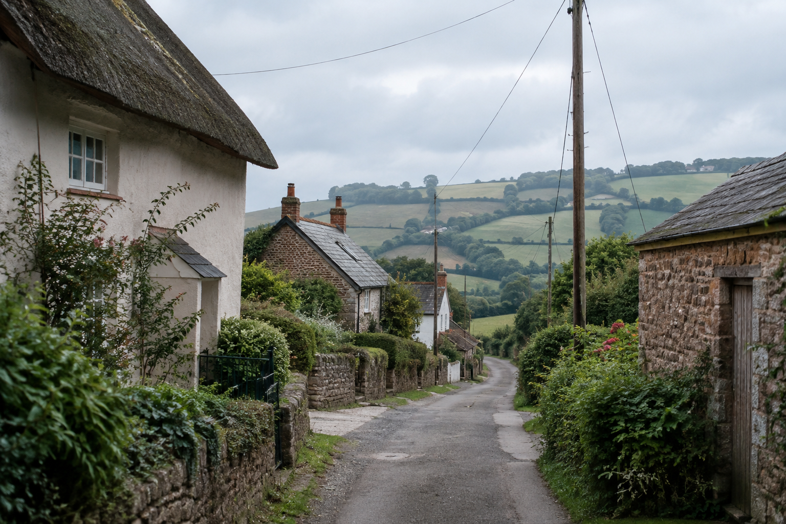Electricity poles and overhead wires beside traditional cottages on a rural Devon lane.