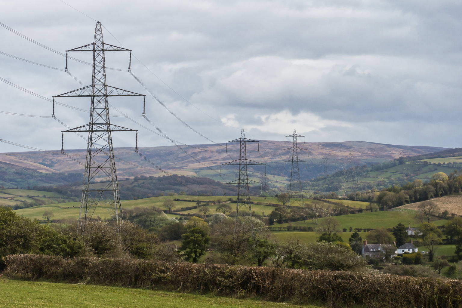 Electricity pylons and overhead lines crossing Devon countryside near rural cottages and hedgerows.